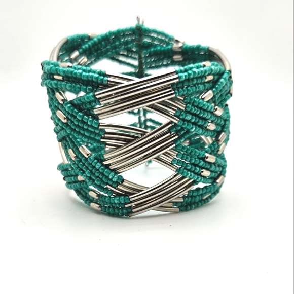 ๐ข3/$19๐ข Teal Turquoise Color Seed Bead Silver Cuff Bracelet - Picture 2 of 5